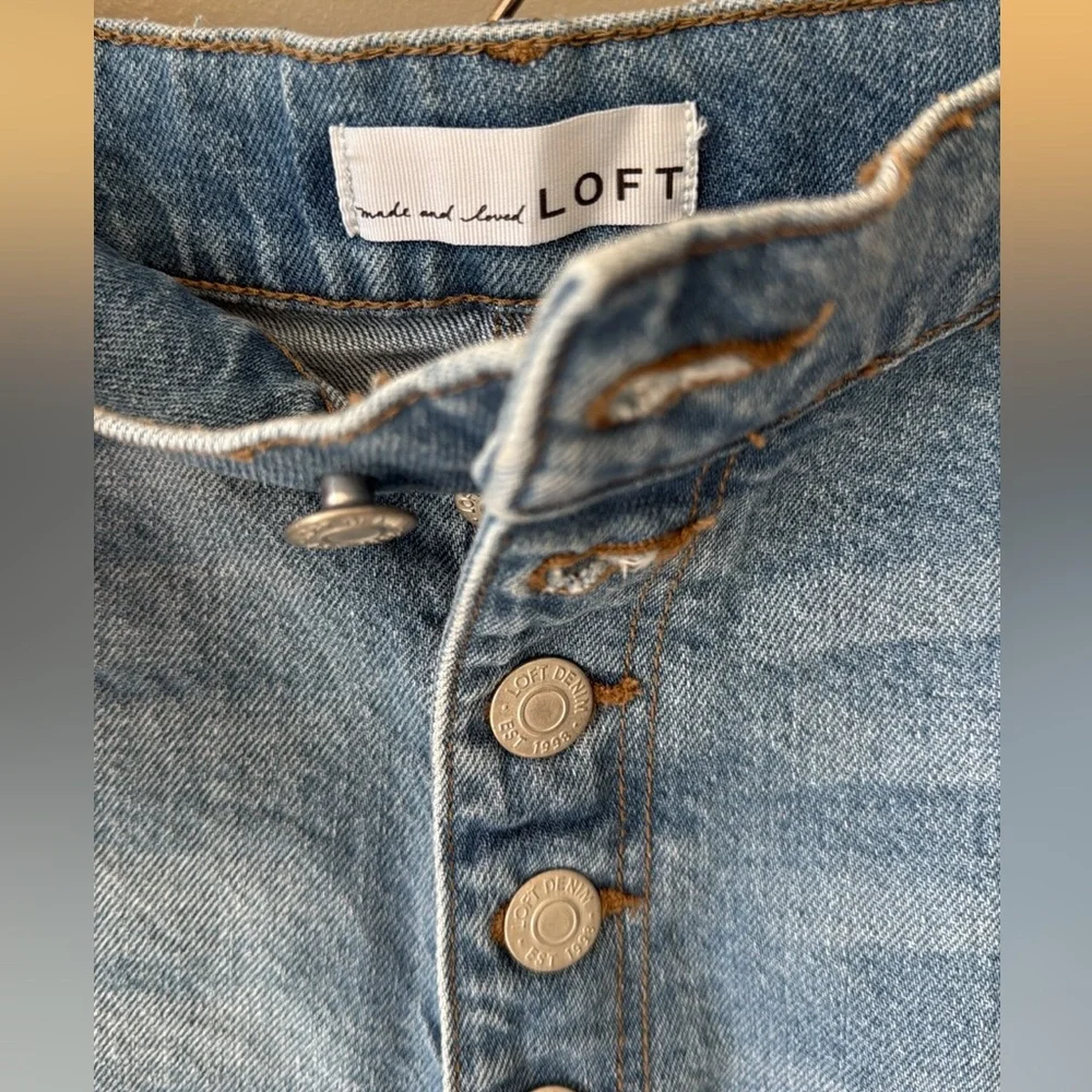 LOFT Button Front High Rise Destructed Cut Off Blue Denim Jean Shorts 32/14